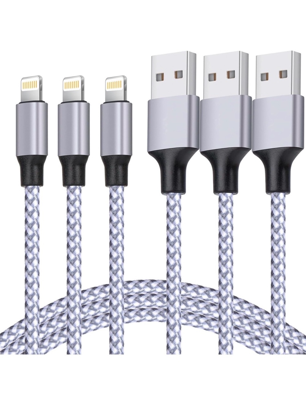 Universal Braided Lightning to USB Charging Cable - Silver (4 Pack)